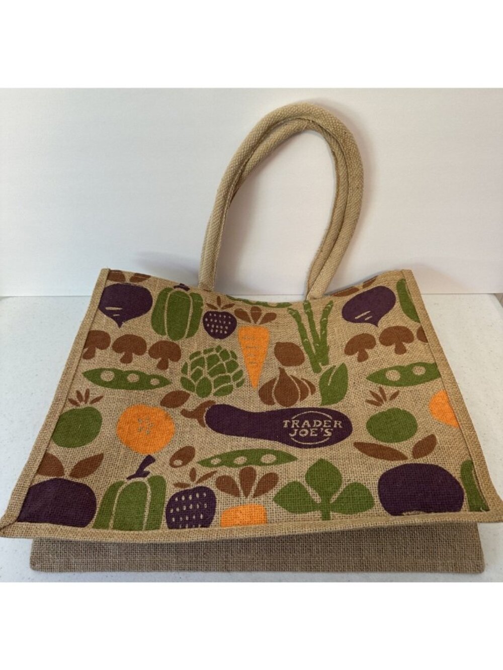 Trader Joe's jute burlap shopping bag tote grocery reusable vegetables large eco